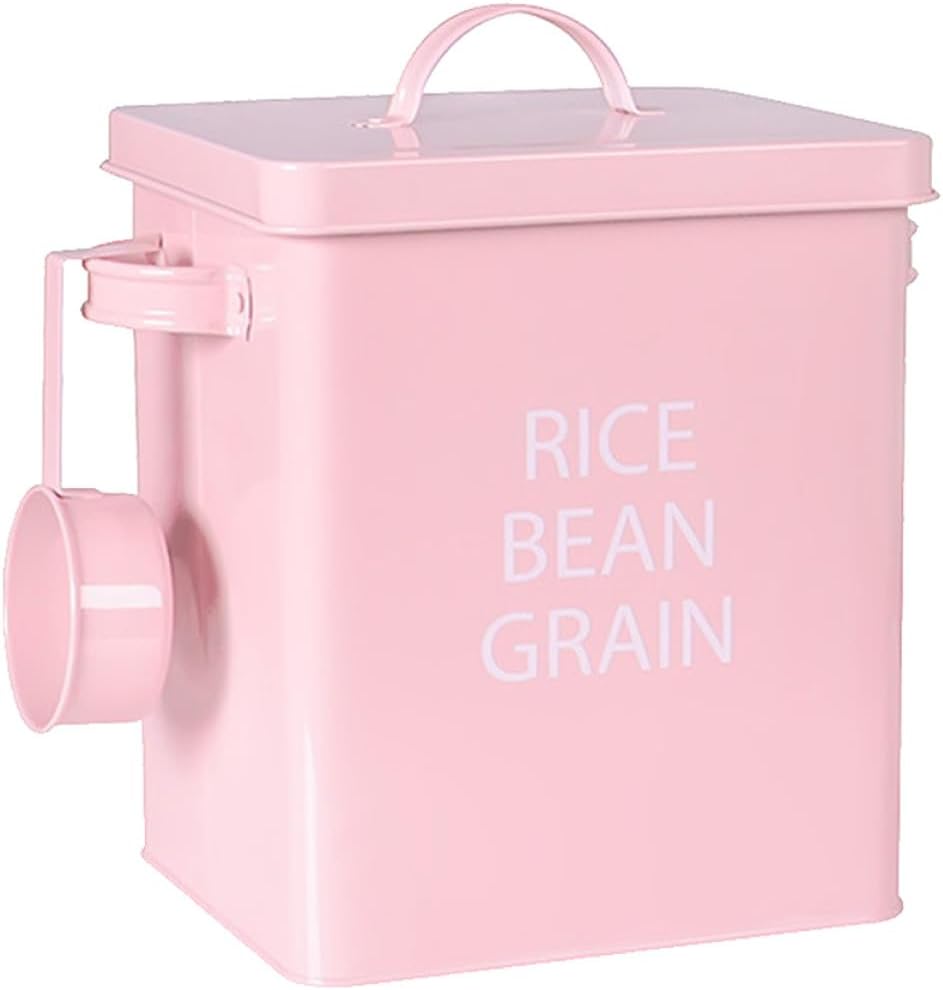 Pink Pet Food Storage Bin Airtight Metal Container with Spoon Moisture Proof for Dog Cat Dry Food Organization