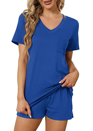 Image of RUBZOOF Women's Short Sleeve Pajama Sets with Pockets Casual V Neck 2 Piece Lounge Sets S-3XL