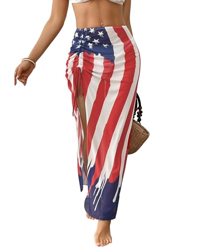 Bsubseach Sarong Cover Up for Women American Flag Long Bikini Wraps Skirt Sheer Drawstring Beach Swimwear Coverup