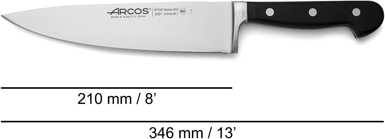 Arcos Chef Knife 8 Inch Stainless Steel. Professional Multipurpose Cooking Knife to Cut and Clean Vegetables. Ergonomic Polyoxymethylene Handle and 210mm Blade. Series Opera. Color Black