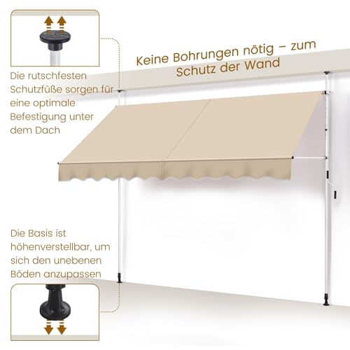 Yaheetech Klemmmarkise 300cm Breit Balkonmarkise mit Handkurbel Sonnenschutz ohne Bohren Sonnenmarkise höhenverstellbar Markise mit Gestell, Beige