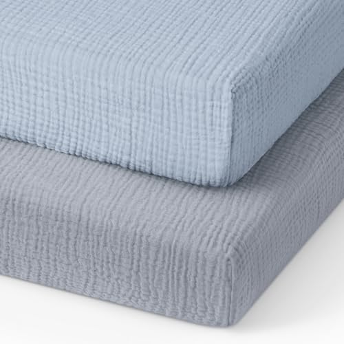 Image of Blissful Diary Muslin Mini Crib Sheets, Pack and Play Mattress Sheets Fitted for Pack N Play, Soft Cotton for Boys Girls, 2 Pack(Light Blue&Grey)
