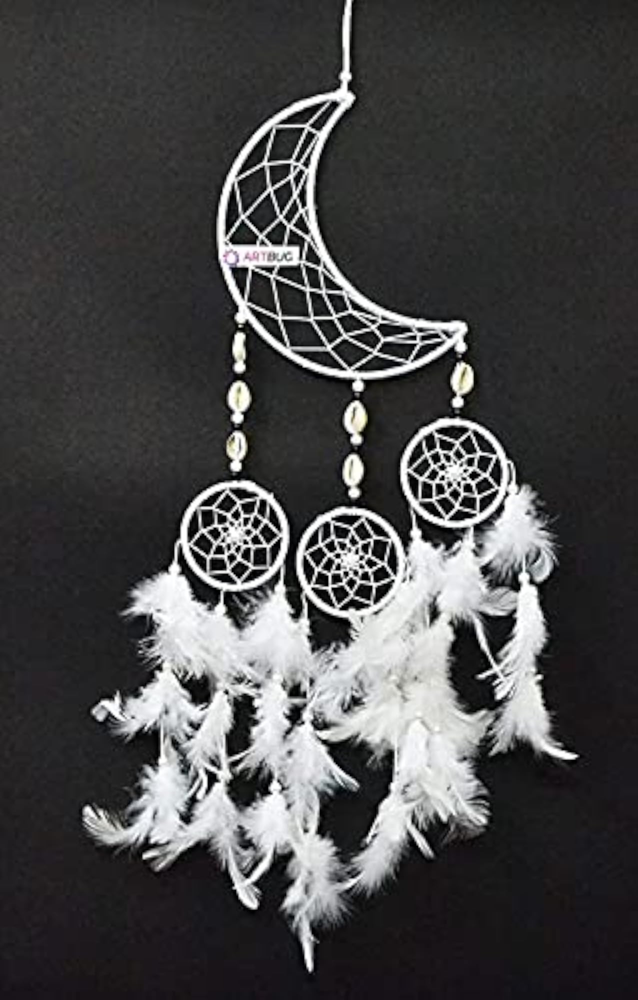 Moon and 3 Circles Natural Feather Dream Catcher Wall Hanging