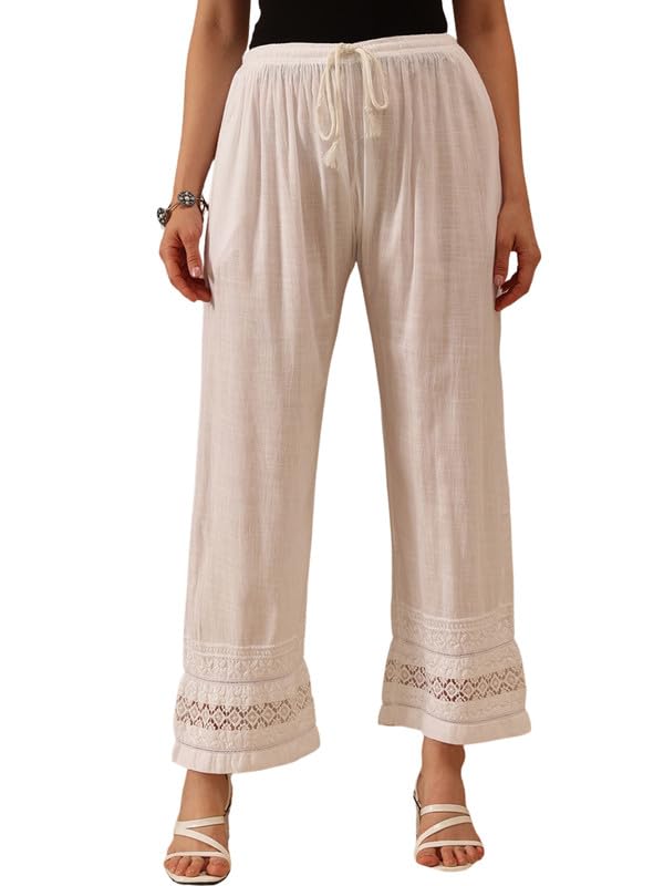 ada Lucknowi Chikankari Hand Embroidered Cotton Linen Straight Pant Palazzo for Women A711181 White-picture-42