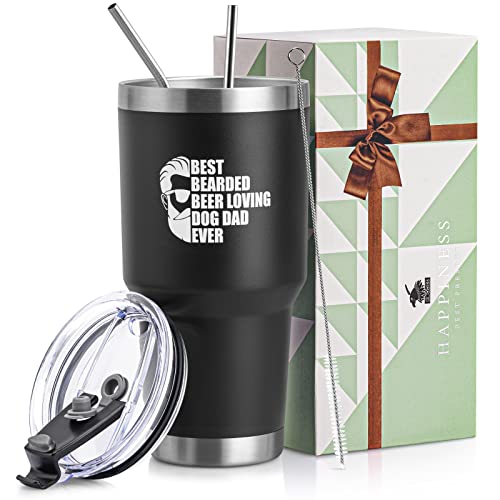 Dog Dad Ever Tumbler Weihnachten Geburtstag Geschenke für Mann 850 ml Edelstahl isoliert Reisebecher mit Strohhalm und Deckel, 850 ml, schwarz Cover
