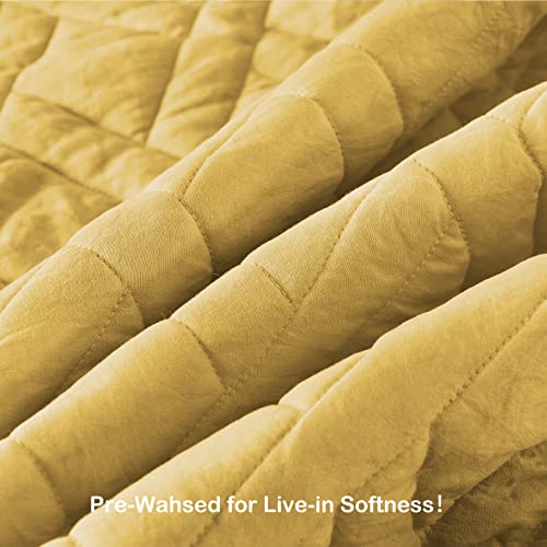 Quilt Set Queen Size Yellow, Classic Geometric Diamond Stitched Pattern, Ultra Soft Lightweight Bedding Set Quilted Bedspread Coverlet For All Season 3 Pieces (1 Quilt And 2 Pillow Shams) #TOP2