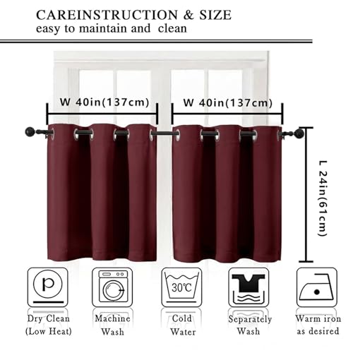 Image of Simplebrand Burgundy Short Kitchen Curtains 24 Inch Length 2 Panels Set, Small Windows Room Darkening Curtain for Bathroom, Cabinet, Basement, RV Camper, Thermal Insulated Short Drapes, 40 x 24 Inch