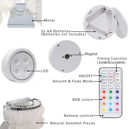 Image of Battery Powered Sconces Wall Lighting Fixture with Nature White Shell Shades, Wireless Tiered Seashell Wall Mounted Lamp for Bedside Nightstand Light Bedroom Hallway