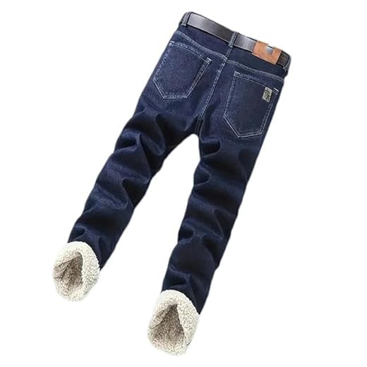 Calça jeans masculina reta de inverno com cintura alta elástica forrada com lã jeans slim quente, Azul, 40