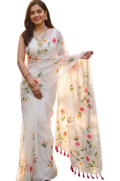 Women's Pure Organza Hand-Painted Saree | White Floral Saree with Hand-Painted Pink Blooms and Tassel Details | Unstitched Blouse Piece-image-19