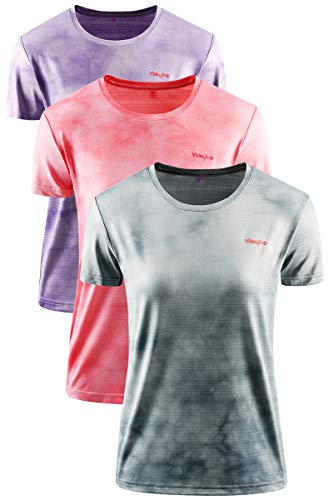 YAWHO T-shirt de sport à manches courtes et col rond respirant à séchage rapide pour femme, Gris 0227 + violet + rouge., xl