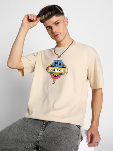 Image of Veirdo Oversized Baggy Fit Pure Cotton Drop Shoulder Half Sleeve & Aesthetic Black & Lilac Back Doodle & Tiger Graphic Printed Round Neck T-Shirt for Men