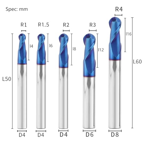 Image of 5PCS Ball Nose Carbide End Mill Set HRC65 CNC Cutter Router Bits 2 Flute Spiral Milling Tool Radius 1mm 1.5mm 2mm 3mm 4mm Milling Cutter with Nano Coated