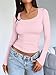 Trendy Queen Womens Long Sleeve Shirts Crop Tops Fall Fashion 2025 Square Neck Going Out Basics Tees Y2k Clothes Pink XS