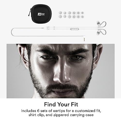 Image of MEE Audio M6 Sport Wired Earbuds, in Ear Headphones, 3-Button Remote, Sweatproof Earphones for Running /Gym /Workouts with Memory Wire Earhooks, Headset Microphone, 3.5mm Jack Plug (Clear)