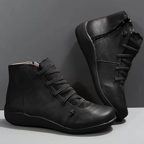Dheva-C Vintage Ankle Booties for Women Dressy Fashion Sneakers For Women Leather Lace Up Wedge Low Heels Non Slip Ankle Booties With Side Zip Winter Fall Short Boots Walking Shoes3
