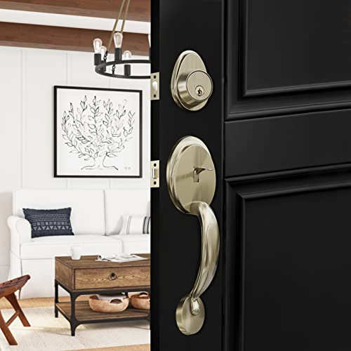 Gua Oyh Front Door Handle Set Entry Door Lock Set Antique Brass Entrance Handle Set With Lock, With Single Cylinder Deadbolt And Knob Handle, Reversible For Right & Left Handed Doors (Antique_1079) #TOP3