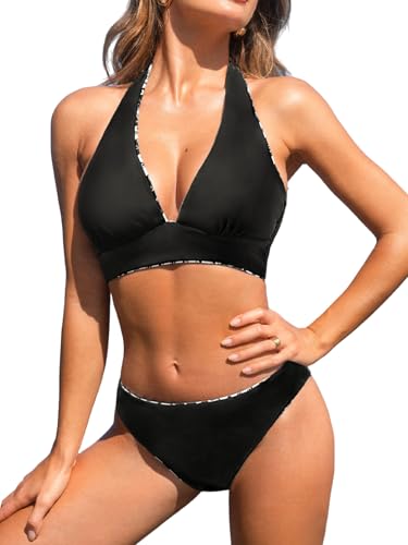 CUPSHE Women's Bikini Sets Halter V Neck Reversible Self Tied Bathing Suit Double Side Multi Ways Wearing, L