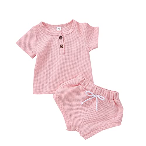 Baby Summer Clothes Boy Girl Button Down Solid T Shirts Top+Shorts Newborn Infant Cute Outfits Basic Clothing (F Shorts Sleeve Shirts Pink, 6-12 Months)