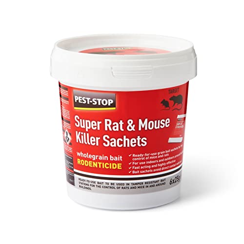 Pest-Stop Super Rat & Mouse Control Sachets – Rodent Bait for Rats and Mice – Wholegrain with Aniseed Scent – Indoors & Outdoors – 6 x 25g Sachets