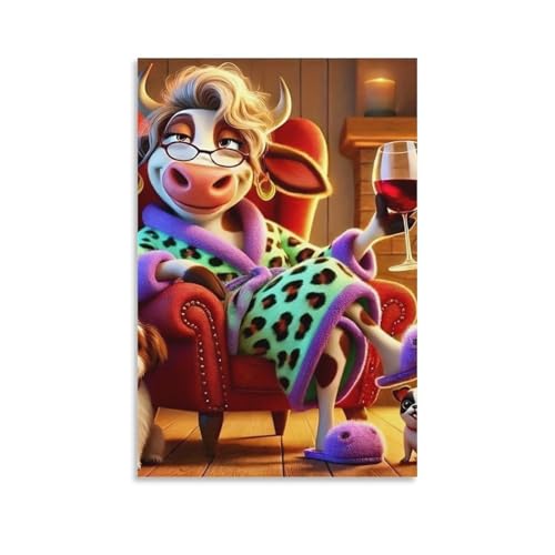 Impression sur toile vache relaxe et chiens premium 50x75cm