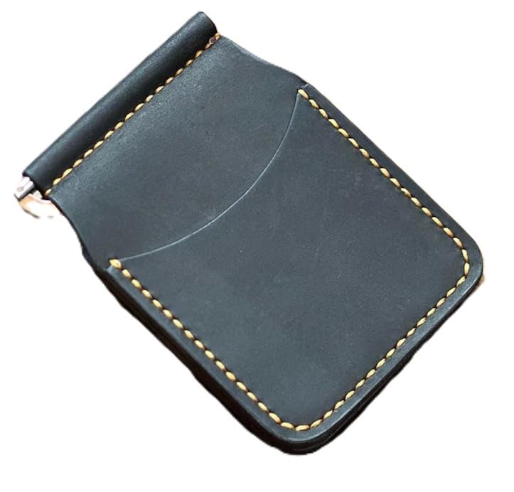 Handmade Leather Money Clip Wallet, Black with Yellow Stitching, Minimalist Card Holder with Metal Clip-image-22