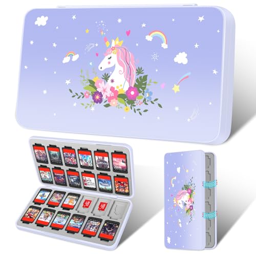 Gurgitat Switch Game Case for Nintendo Switch 2 / Switch / OLED / Lite - Cute Portable Storage Holder with 24 Game Card Slots and 24 Micro SD Cards Cartoon Cartridge for Boys Girls Kids, Unicorn