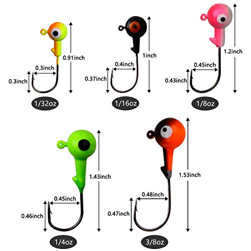 Fishing Jig Head Hooks Set, 60Pcs Fishing Lures Jig Head Bait Assorted Round Head Jig Hooks For Soft Worm Shrimp Lures Freshwater Saltwater Fishing Tackle Kit #TOP2
