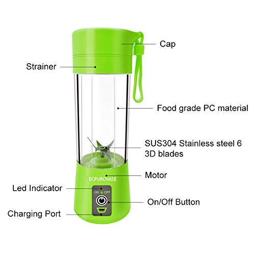 Portable Blender Single Serve, Personal Size Blender USB Rechargeable Juicer Cup Fruit Mixing Machine Baby Travel 380ml FDA, BPA-Free (Green)