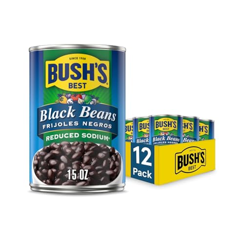 Image of BUSH'S BEST 15 oz Canned Reduced Sodium Black Beans, Source of Plant Based Protein and Fiber, Low Fat, Gluten Free, (Pack of 12)