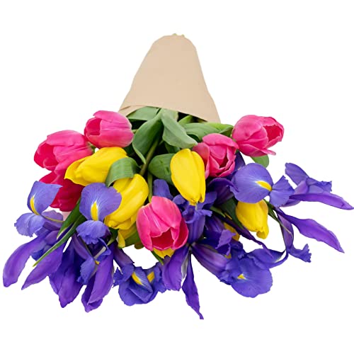 stargazer barn besties bouquet with fresh tulips amp blue iris purple pink yellow fresh flowers 15 count