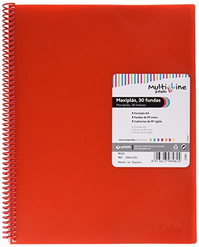Grafoplás Multiline Maxiplás Spiral Folder with 30 Transparent A4 Sleeves Red PVC Spiral Binding Polypropylene Cover Rubber Bands with Closure