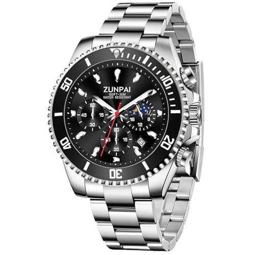Image of ZUIPAI Moon Phase Watch for Men Chronograph Dial Analog Quartz Wristwatch Luxury Diamond Business Dress Watch with Luminous Waterproof Calendar Stainless Steel Strap
