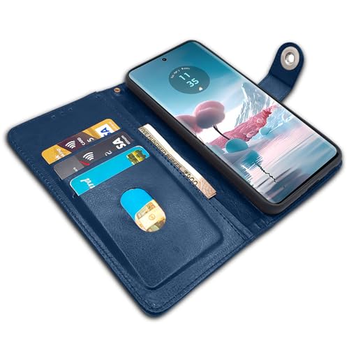 Image of Pikkme Moto Edge 40 Neo 5G Flip Cover Leather Finish | Wallet Stand and Shock Proof | Inside TPU with Card Pockets | Complete Protection Button Flip Case (Blue)