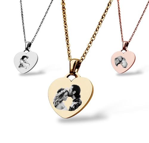 Personalisierte Herz Halskette mit Foto-Gravur-Einzigartiges Schmuckstück Geschenk voller Liebe & Erinnerung für Paare, Hochzeit, Kind, Enkel, Oma, Opa | 45 + 5 cm verstellbar & Geschenkbox (Gold)