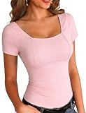 Camisetas Rosa Mujer Manga Corta Cuello Cuadrado con Espalda Descubierta Blusas Mujer Verano Elegantes Corte Ajustado Top Sexy Moda Casual Y2K L
