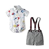 Baby Boys Gentleman Outfit Suits,Infant Boys Short Pants Set,Short Sleeve Romper Shirt+Suspender Pants+Bow Tie (Spaceship, 9-12M)