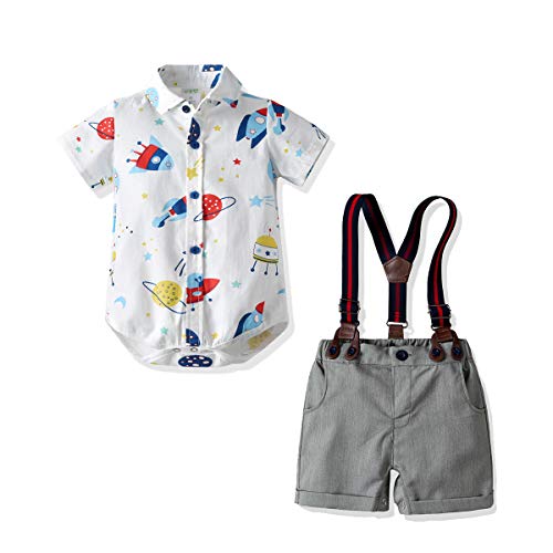 Carlstar Baby Boys Gentleman Outfit Suits,Infant Boys Short Pants Set,Short Sleeve Romper Shirt+Suspender Pants+Bow Tie (Spaceship, 9-12M)