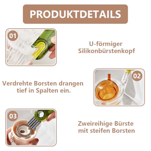 Funalix 3 Stück 3-in-1 Multifunktionale Silikon-Reinigungsbürste für Flaschen, Becherdeckel & Strohhalme | Spaltreinigungsbürste für Thermosflaschen, Trinkflaschen & Tassendeckel (Grün, Blau, Grau)