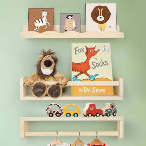 Image of storenization Floating Book Shelves for Wall, 16.5" Natural Wood Nursery Shelves for Book Storage, Solid Pine Wooden Floating Wall Bookshelf for Bedroom Living Room, Set of 2+1, Unfurnished - DIY