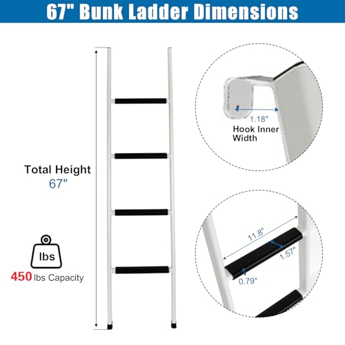 Image of Anti-Slip RV Bunk Ladder, 67in Integrated Heavy Duty Steel, White | Camper Bunk Bed Ladder with Anti-Slip Rubber Foot Pads and Hooks