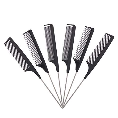 HEQUSigns 6 Pcs Rat Tail Combs Black Carbon Lift Teasing Combs Salon Teasing Back Combs Plastic Hair Cutting Styling Comb with Stainless Steel Lift