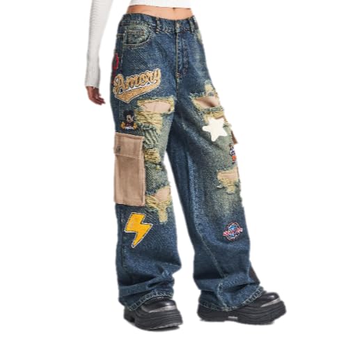 Jean cargo taille basse jambe droite bleu denim effet usé vintage