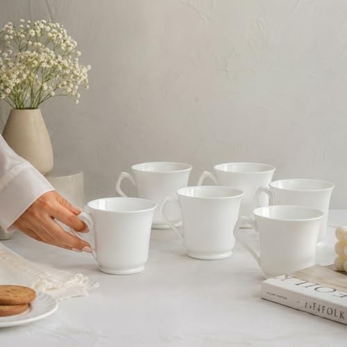 Image of Femora White Ceramic Tea Coffee Mug Set, 180 ml Each, Modern Tapered Shape, Set of 6 Microwave & Dishwasher Safe BPA Free