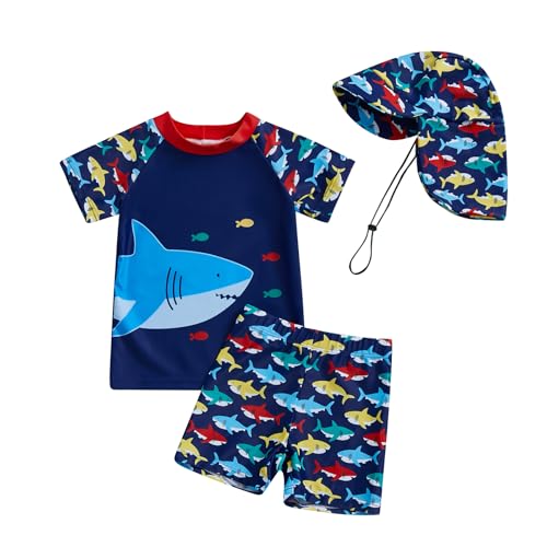 Boys Swimsuits 3 Piece Rash Guard Short Sleeve Sunsuit Kids Swimwear Sets Swim Trunks Hat