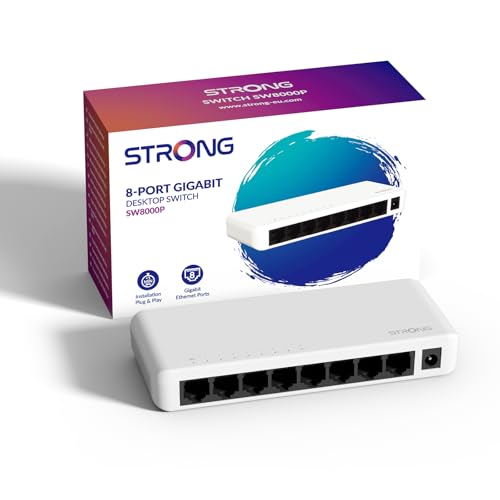 STRONG SW8000P Switch 8 porte Gigabit in Metallo, posizionamento su scrivania o montaggio a parete, Ideale per connessioni LAN veloci, Espansione di rete, Plastica Bianco