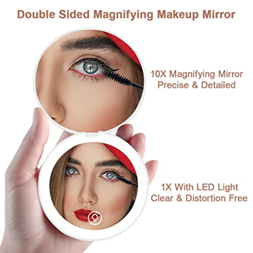 Kilobey Compact Mirror With Light, Led Lighted Travel Makeup Mirror 1X/10X Magnifying Mirror Rechargeable Portable Pocket Mirror 3.5In Double Sided Folding Round Mirror For Handbag, Purse #TOP1