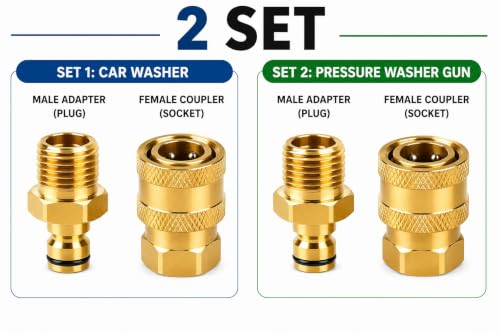 Image of Fieldstar Brass Quick Connect Adapter Set for Pressure Washer Hose Pipe, M22 x 15 mm, 2 Male + 2 Female Fittings, Leak-Proof Quick Couplers, Compatible with Most Car Wash Pressure Washer Hoses