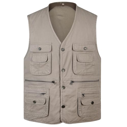 Chaleco utilitario vintage para hombre con solapa y bolsillos con cremallera, chaleco de viaje con múltiples bolsillos, chaqueta ligera para exteriores, para fotografía, excursiones de senderismo y