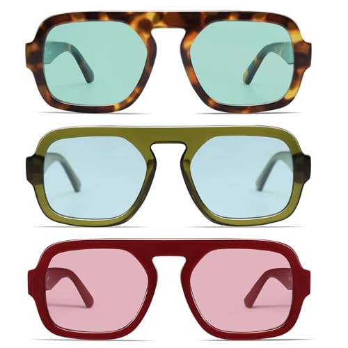 VANLINKER Retro Square Aviator Sunglasses for Women Men VL9826 | Trendy 70s Vintage Flat Top Rectangle Shades Chic Tinted Sunglasses, 3 Pack Tortoiseshell/Green&Green/Light Blue&Burgundy/Red